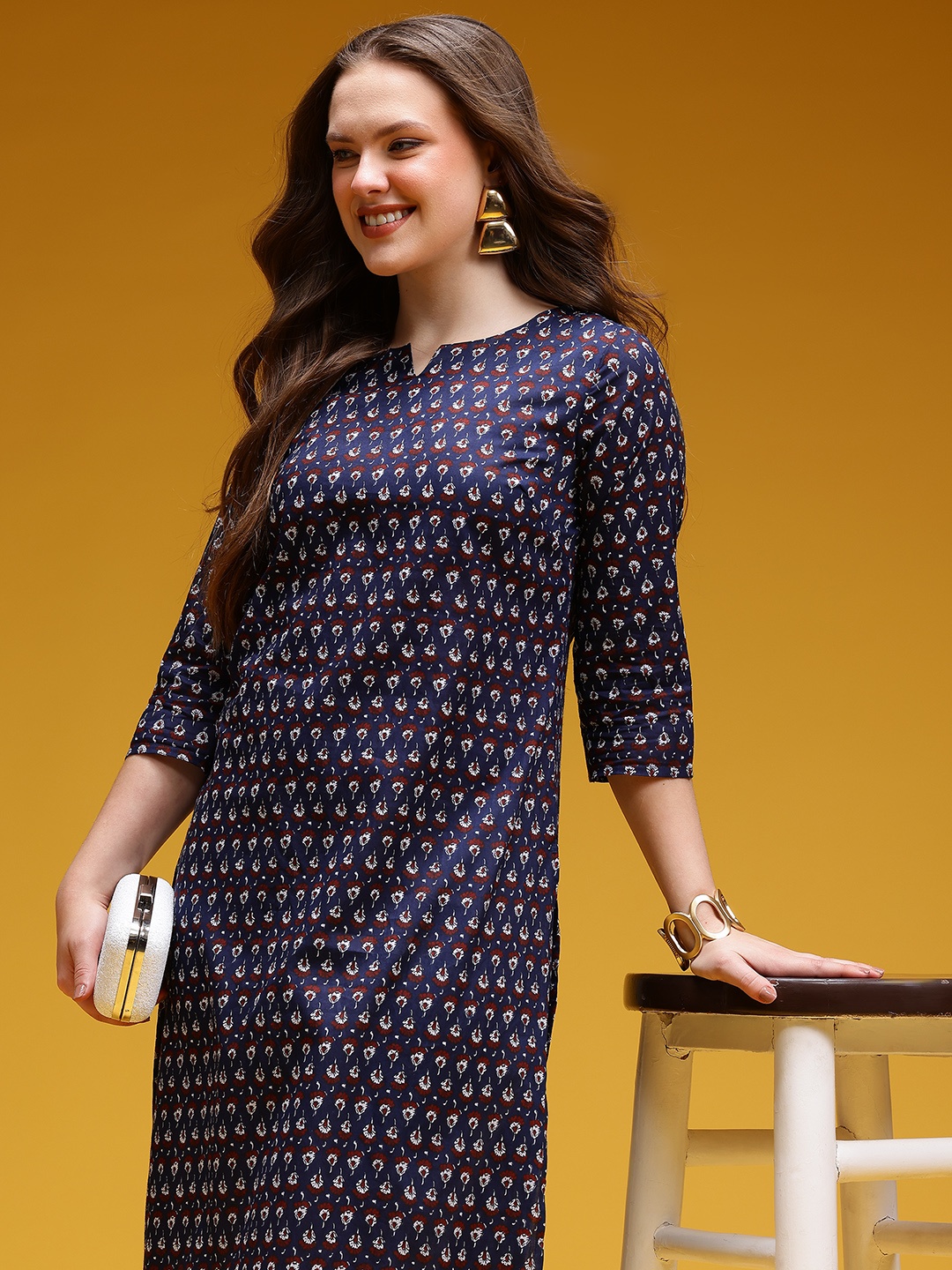 

HERE&NOW Floral Printed Pure Cotton Kurta, Navy blue