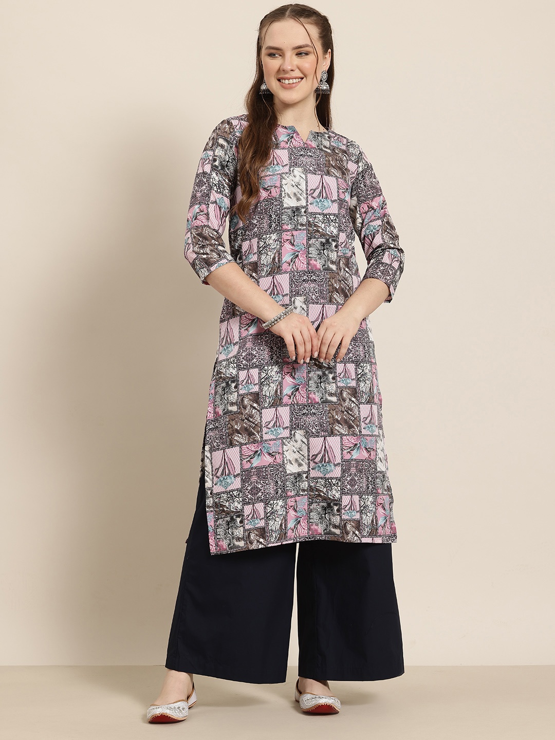 

HERE&NOW Floral Printed Straight Kurta, Grey