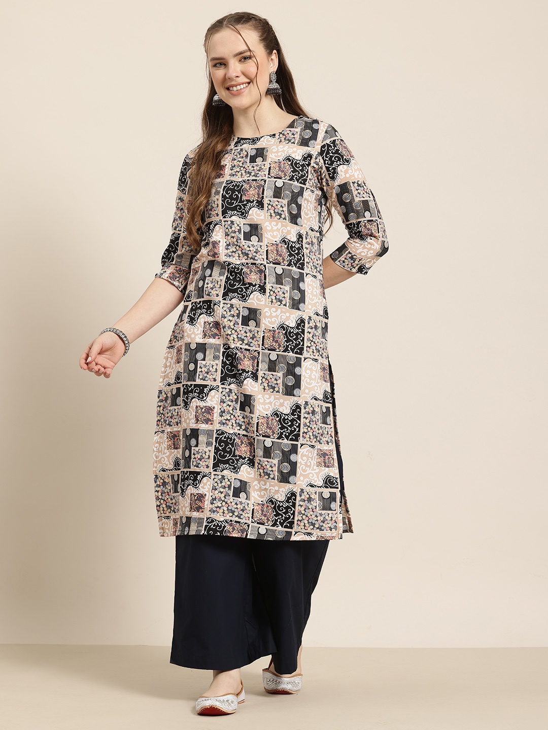 

HERE&NOW Floral Printed Straight Kurta, Beige