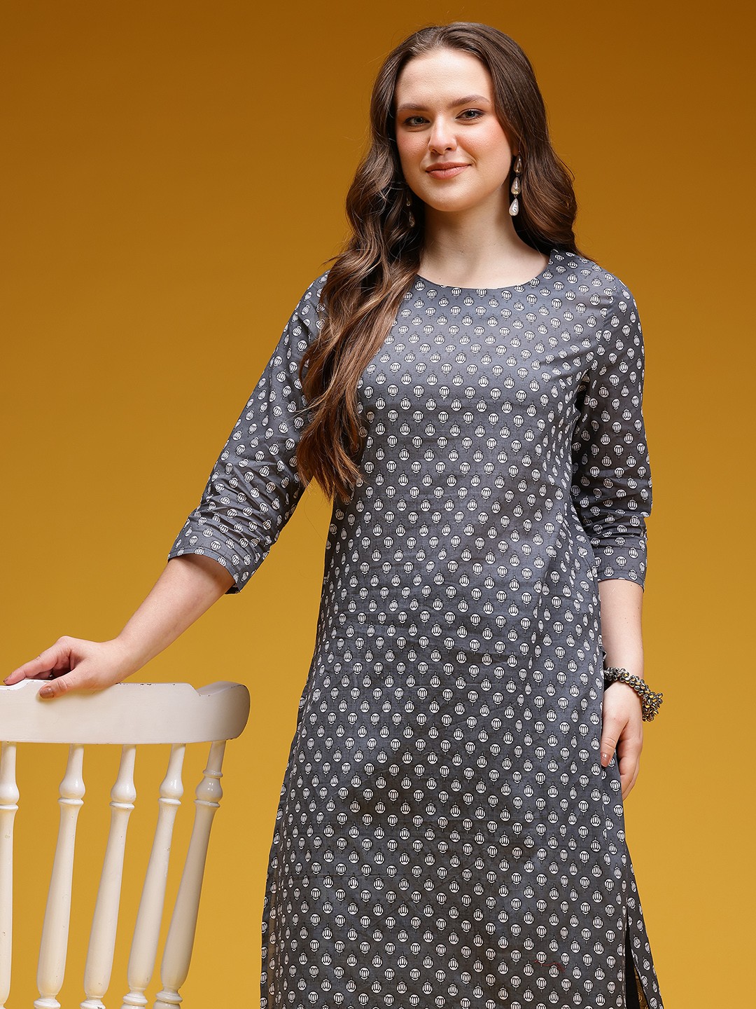 

HERE&NOW Floral Print Pure Cotton Kurta, Grey