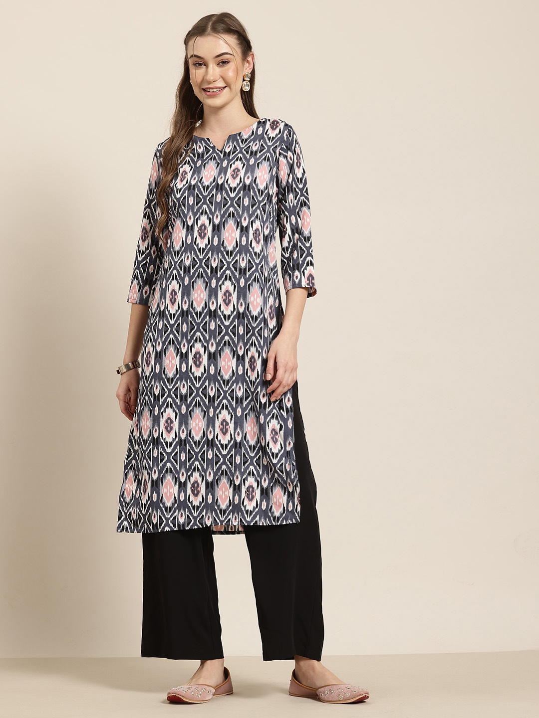 

HERE&NOW Ikat Printed Straight Kurta, Grey