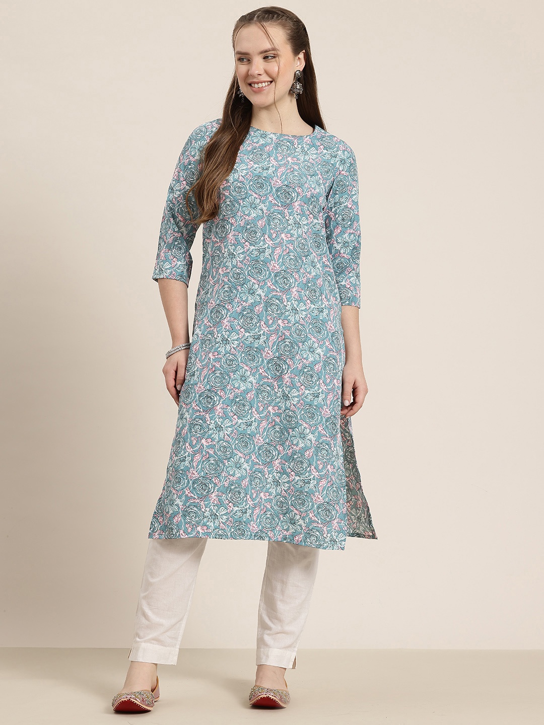 

HERE&NOW Floral Print Calf-Length Straight Kurta, Blue