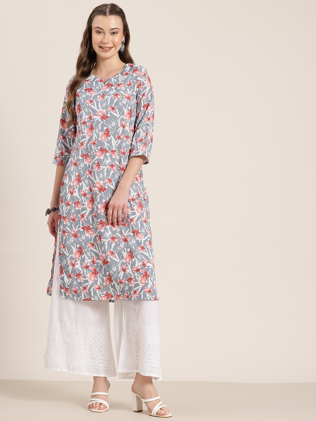 

HERE&NOW Floral Printed Straight Kurta, Grey