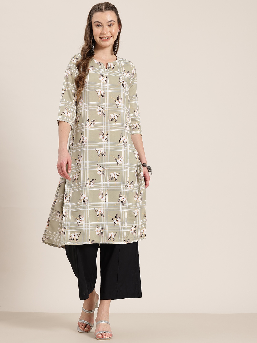 

HERE&NOW Floral Printed Straight Kurta, Green