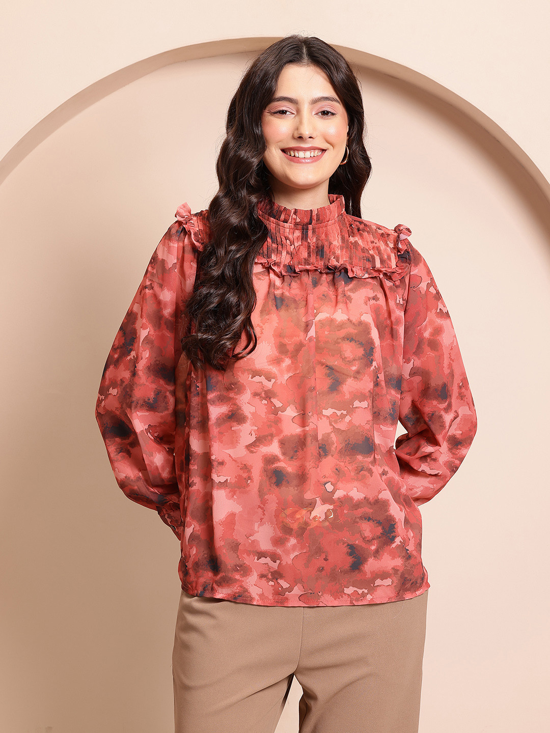 

Mast & Harbour Abstract Print Pintuck High Neck Top, Red