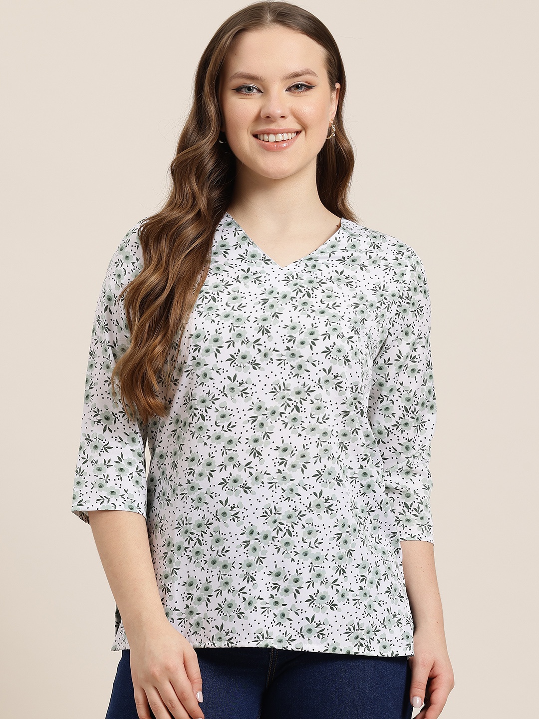 

HERE&NOW Floral Printed V-Neck Kurti, White