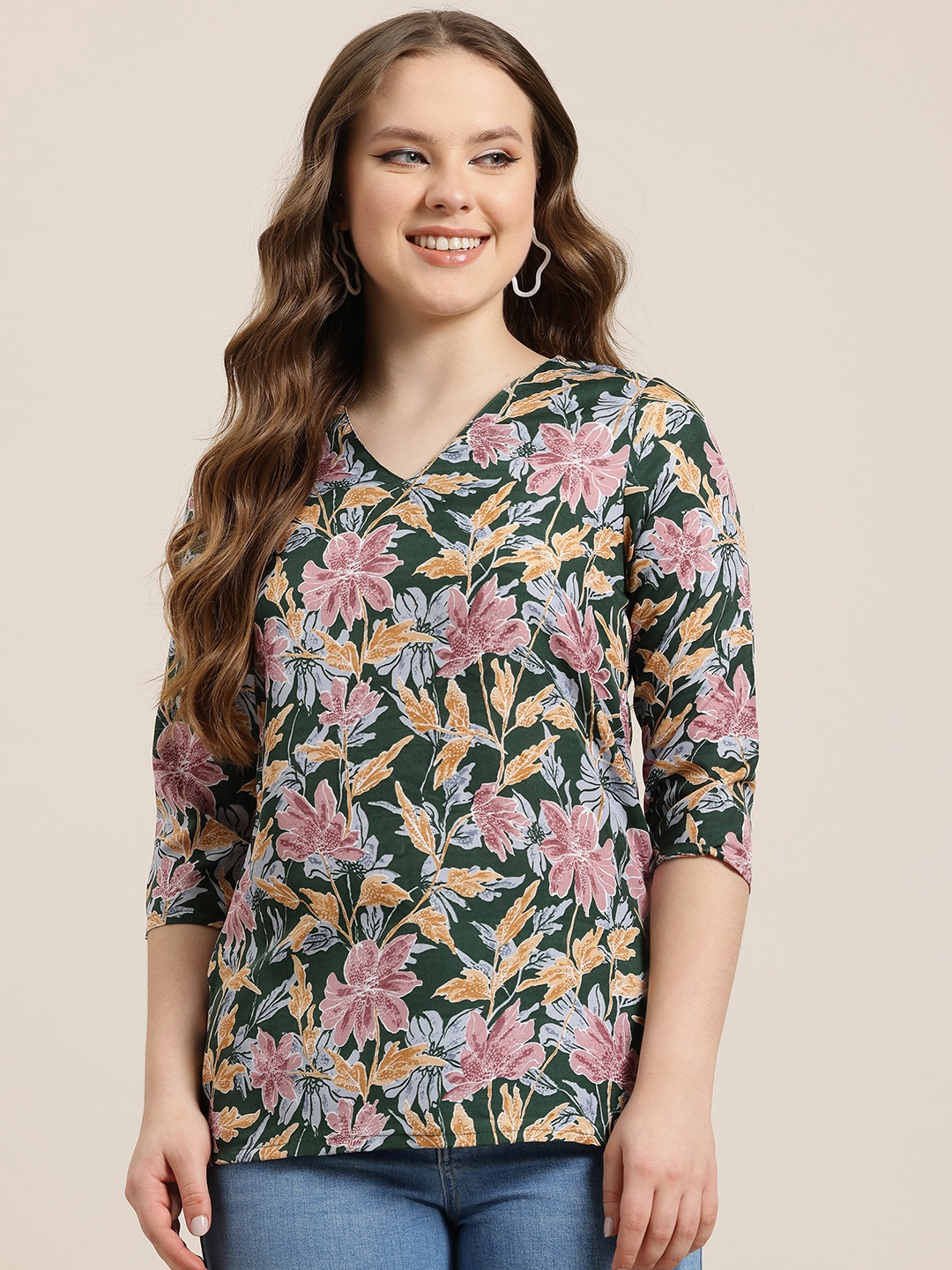 

HERE&NOW Floral Printed V-Neck Kurti, Green