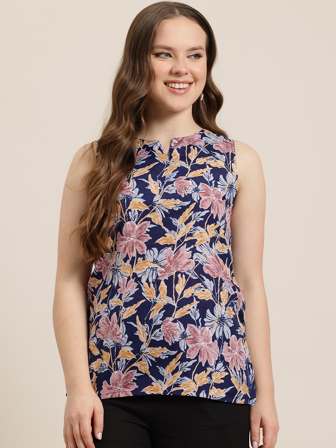 

HERE&NOW Floral Printed Kurti, Navy blue
