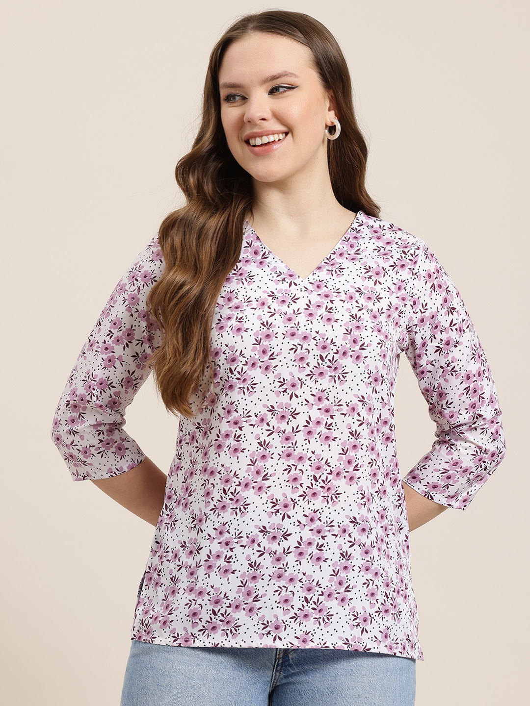 

HERE&NOW Floral Printed V-Neck Kurti, White