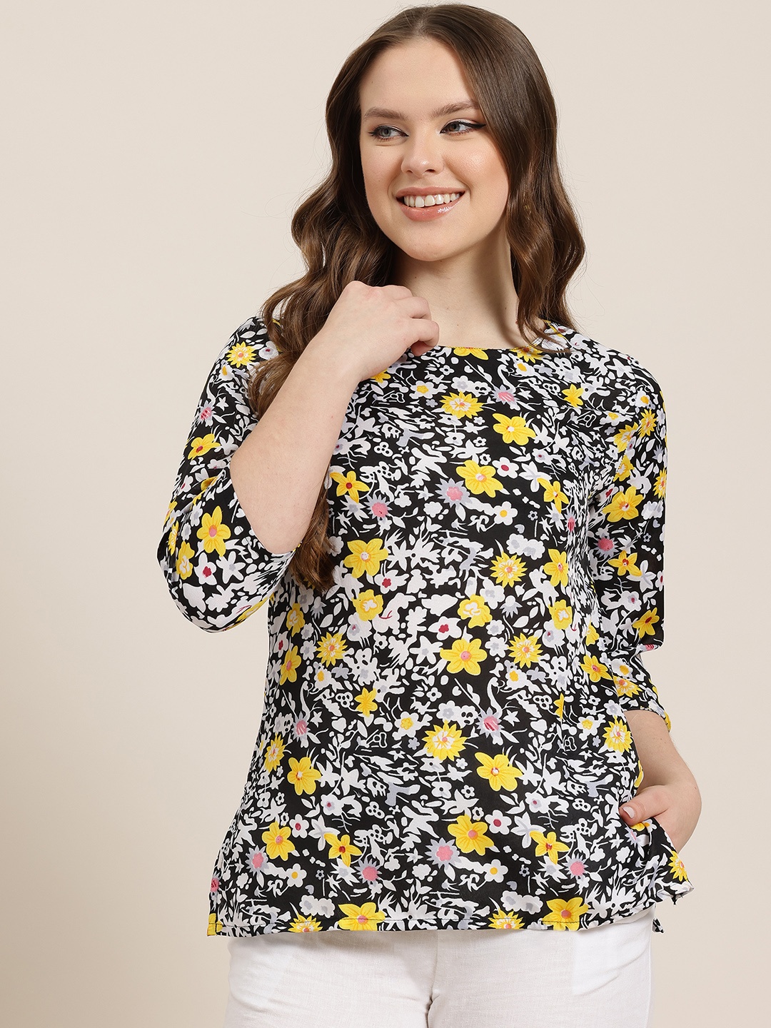 

HERE&NOW Floral Printed Kurti, Black