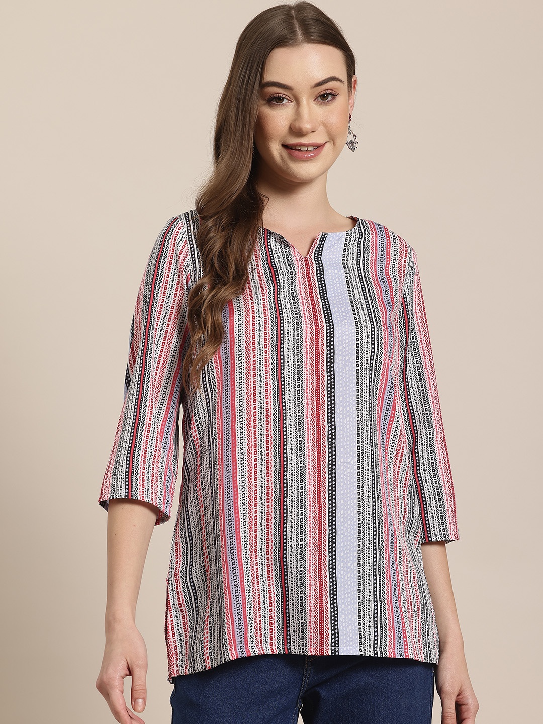 

HERE&NOW Round-Notch Neck Striped Kurti, Pink
