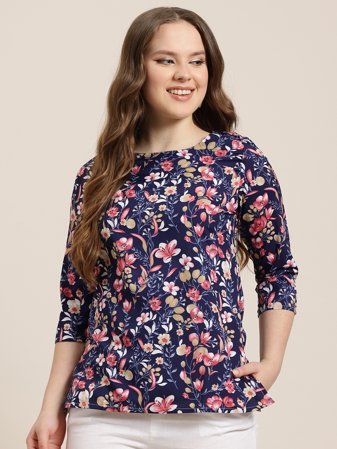 

HERE&NOW Floral Printed Kurti, Navy blue