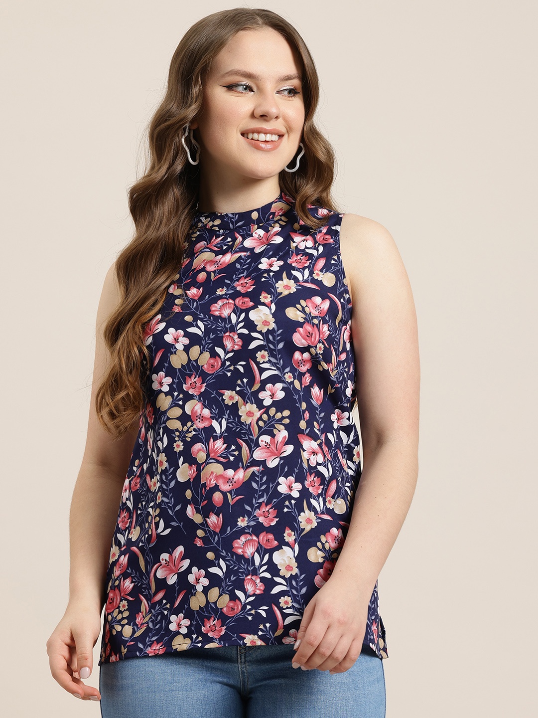 

HERE&NOW Floral Printed Kurti, Navy blue