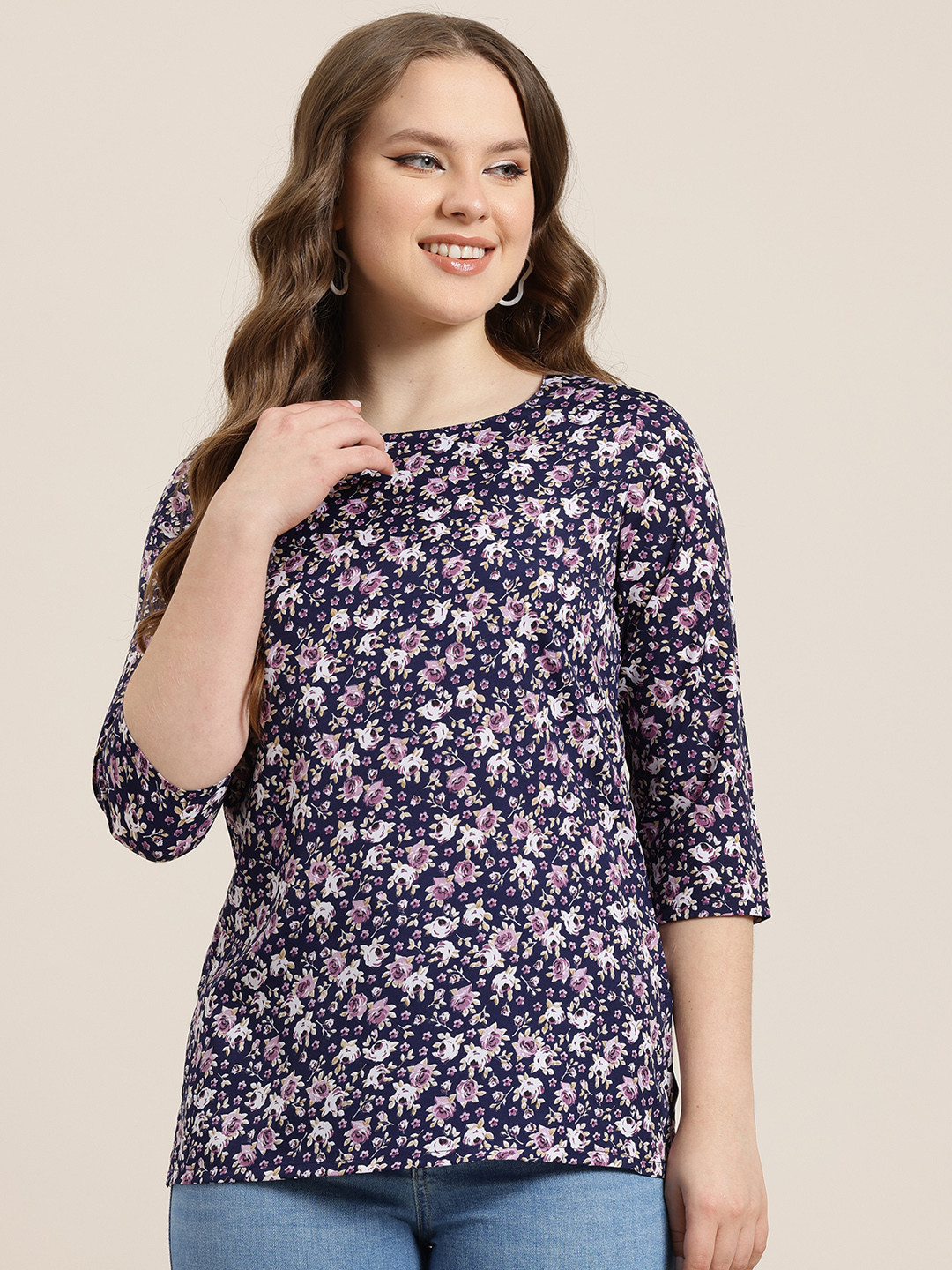 

HERE&NOW Floral Printed Kurti, Navy blue
