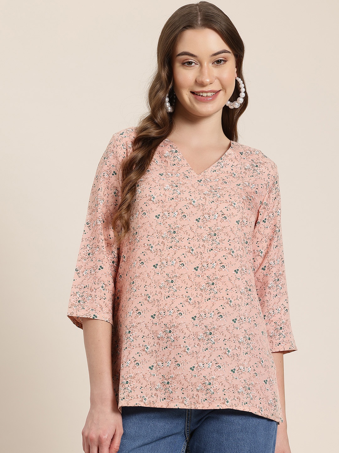 

HERE&NOW Floral Print V-Neck Kurti, Peach