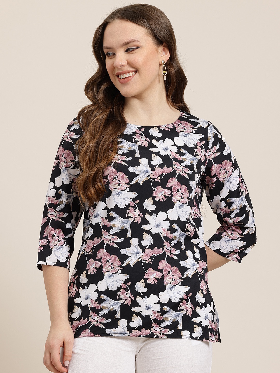 

HERE&NOW Floral Printed Kurti, Black