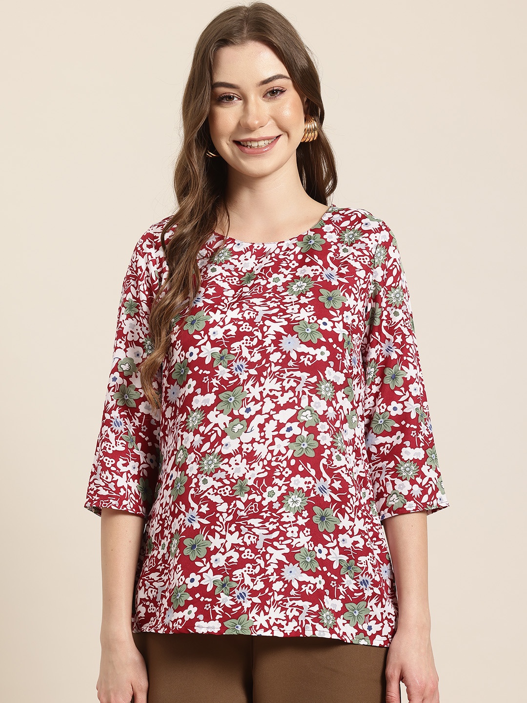 

HERE&NOW Floral Printed A-Line Kurti, Maroon