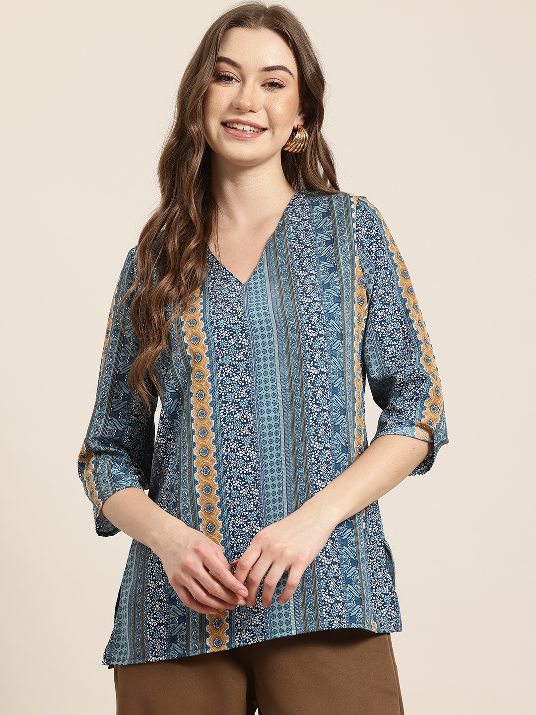 

HERE&NOW Floral Printed V-Neck A-Line Kurti, Blue