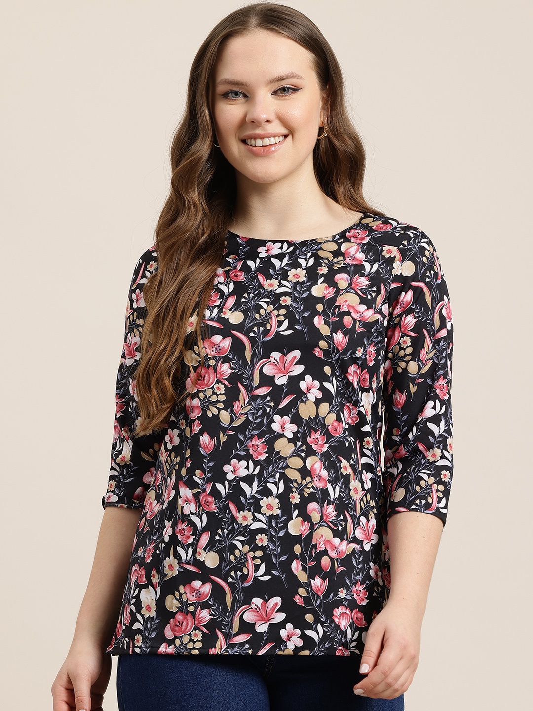 

HERE&NOW Floral Printed Kurti, Black