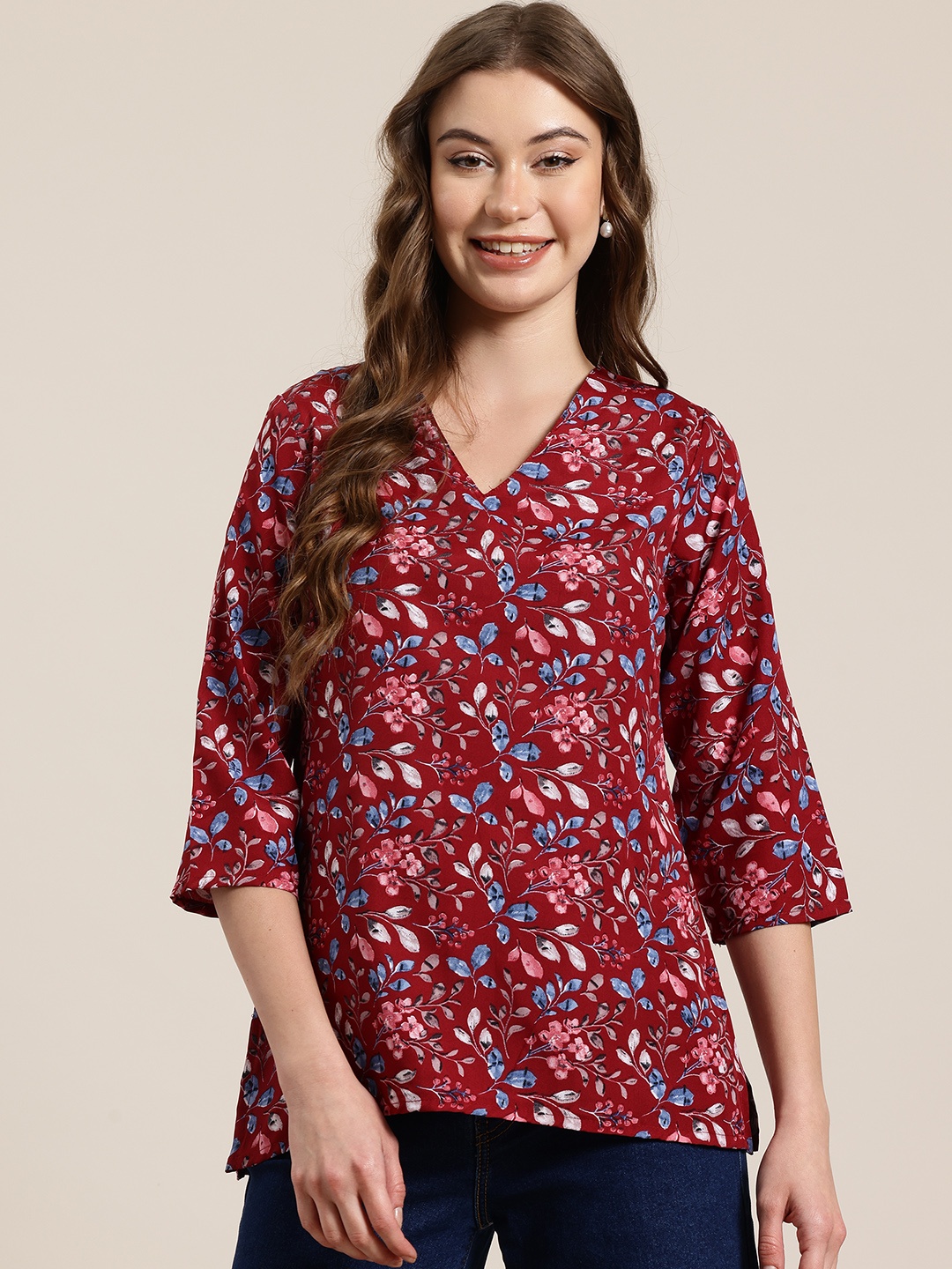 

HERE&NOW Floral Printed V-Neck Kurti, Maroon