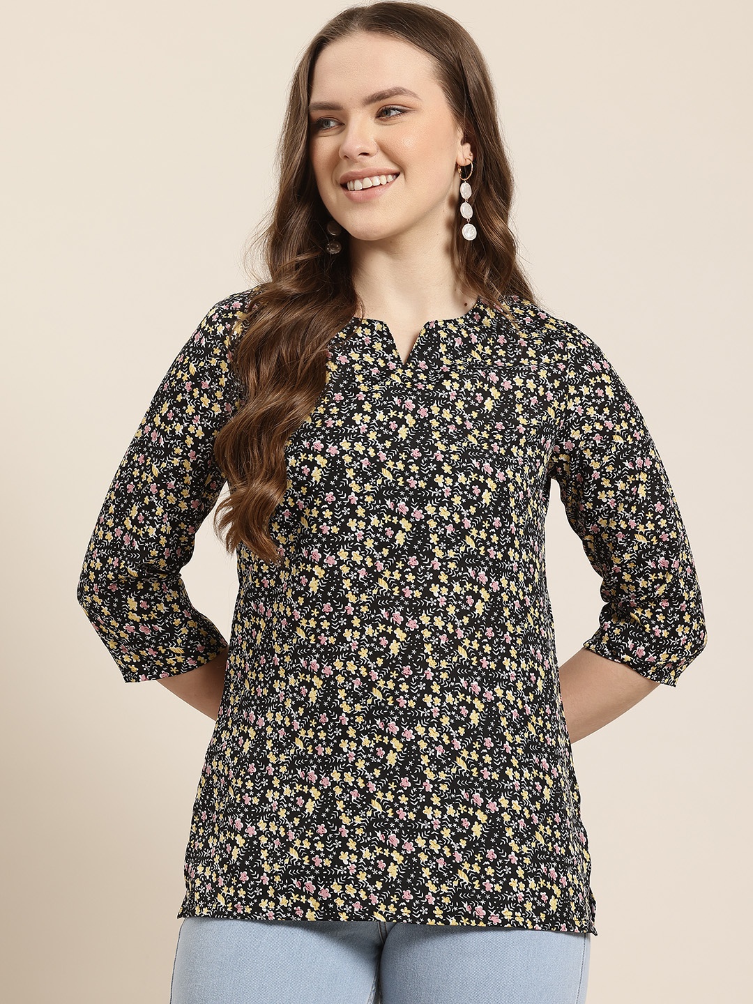 

HERE&NOW Floral Printed Kurti, Black