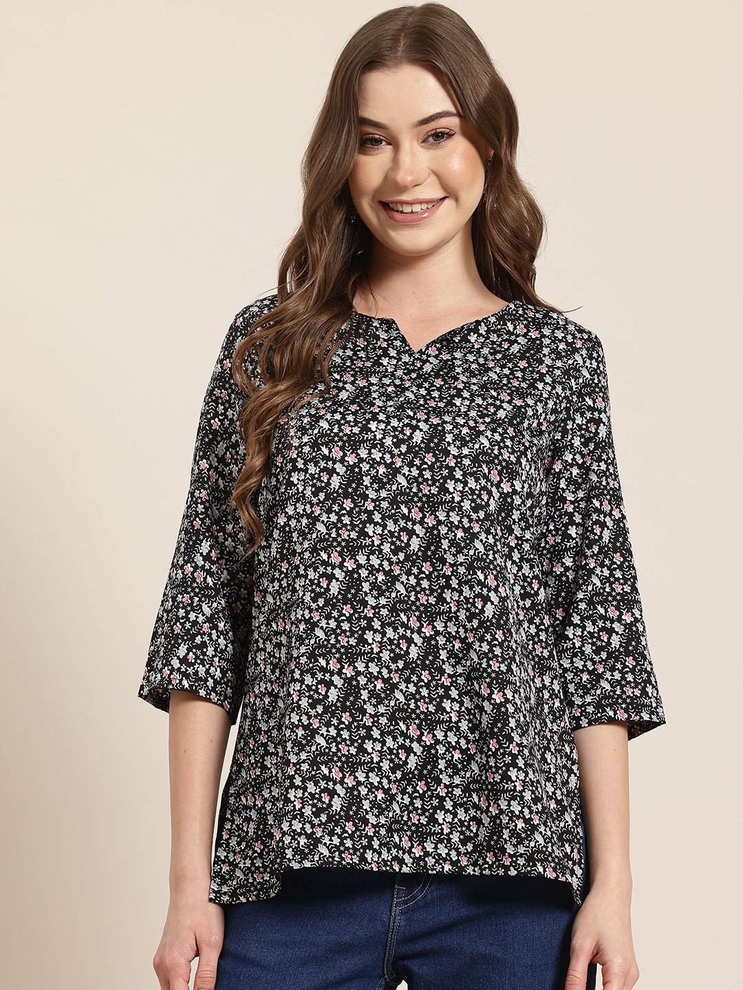 

HERE&NOW Floral Printed Kurti, Black