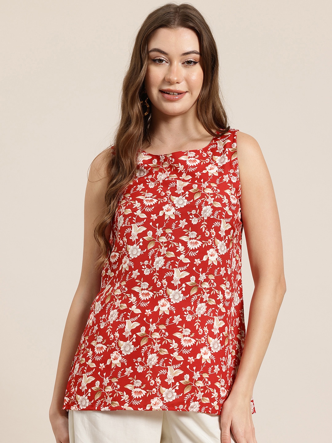 

HERE&NOW Floral Print Straight Kurti, Red