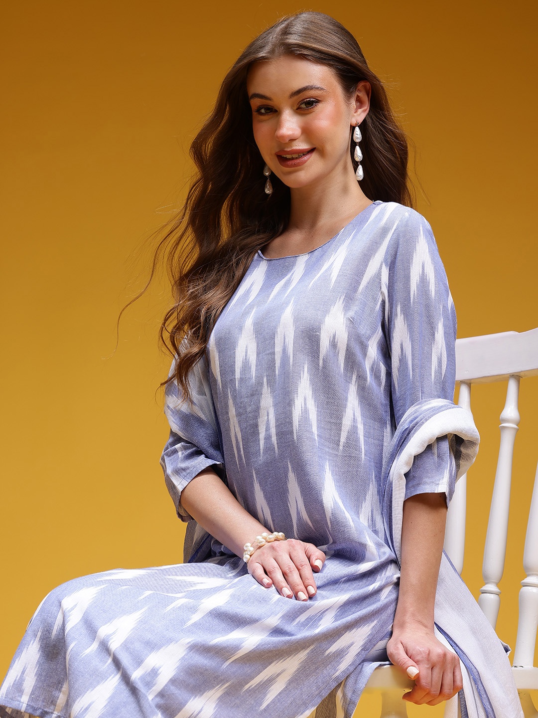 

HERE&NOW Ikat Print Pure Cotton Kurta with Trousers & Dupatta, Blue