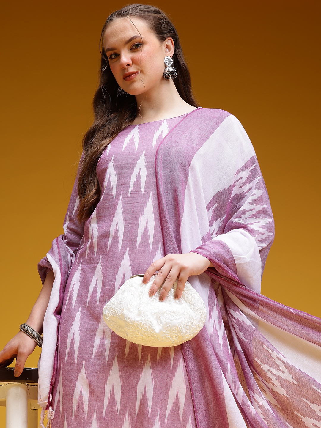 

HERE&NOW Ikat Print Pure Cotton Kurta with Trousers & Dupatta, Purple