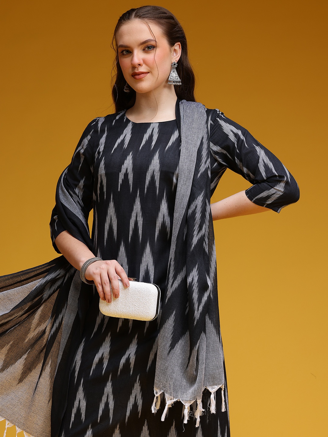 

HERE&NOW Ikat Print Pure Cotton Kurta with Trousers & Dupatta, Black