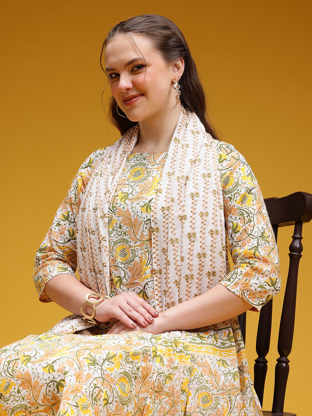 

HERE&NOW Ethnic Motifs Print Pure Cotton Kurta with Trousers & Dupatta, Yellow