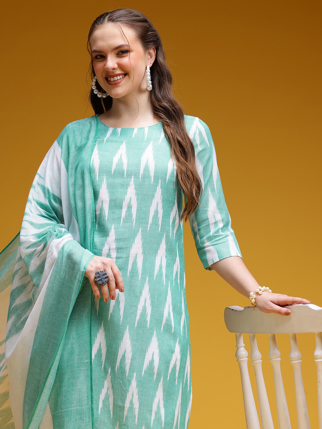 

HERE&NOW Ikat Print Pure Cotton Kurta with Trousers & Dupatta, Turquoise blue