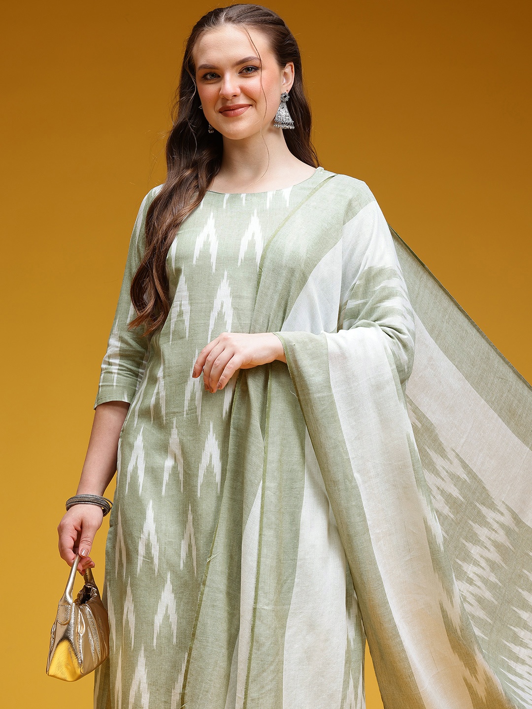 

HERE&NOW Ikat Print Pure Cotton Kurta with Trousers & Dupatta, Green