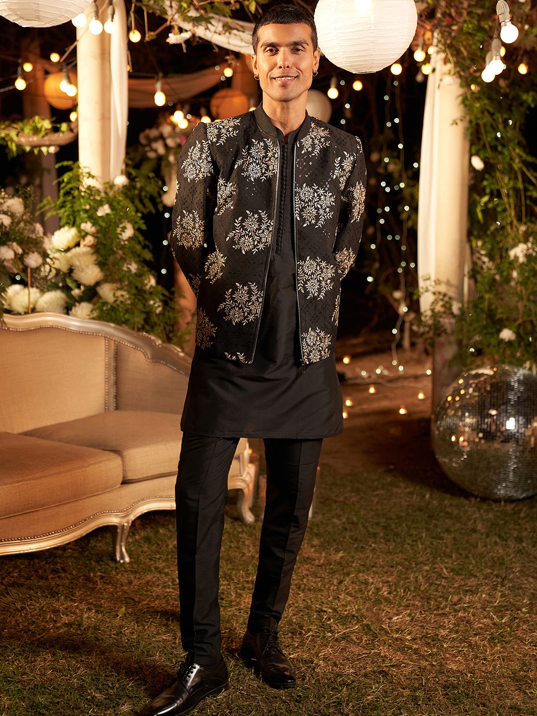 

KISAH Floral Embroidered Sequinned Straight Kurta With Trouser And Bomber Jacket, Black