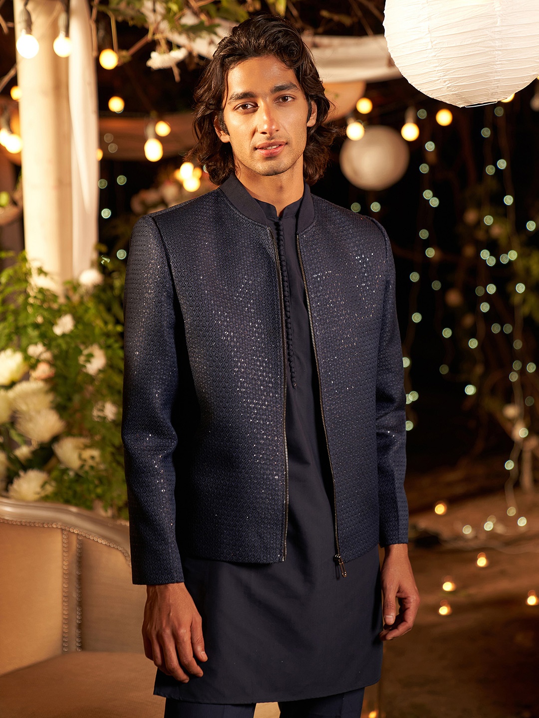 

KISAH Woven Design Sequinned Straight Kurta With Trouser And Bomber Jacket, Navy blue