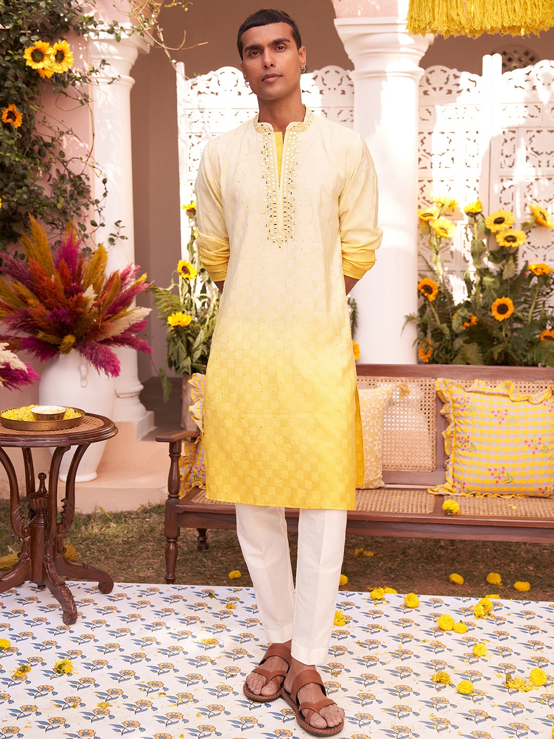 

KISAH Geometric Embroidered Mirror Work Straight Kurta With Trouser, Yellow