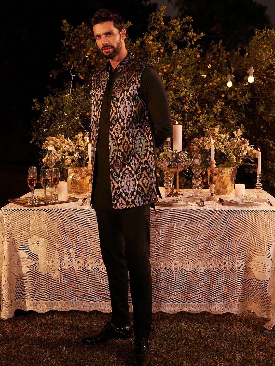 

KISAH Mandarin Collar Kurta With Embroidered Heavy Thread Work Nehru Jacket Trouser Set, Black