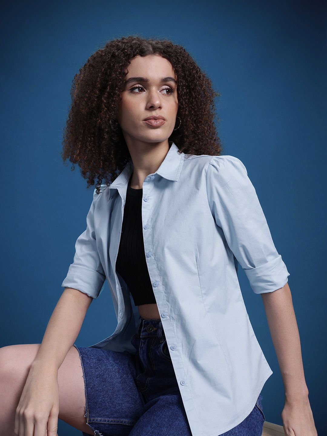 

The Roadster Lifestyle Co. Relaxed Puff Sleeve Casual Shirt, Blue
