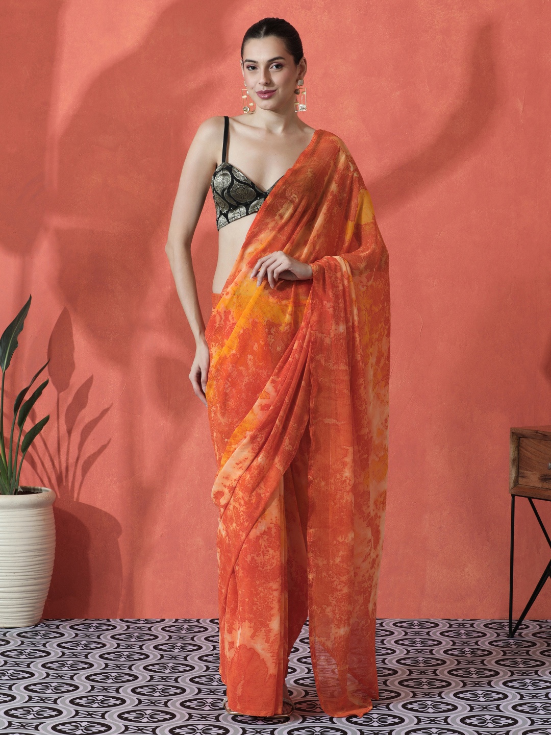 

Sangria Ready to wear Tie and Dye Saree, Orange