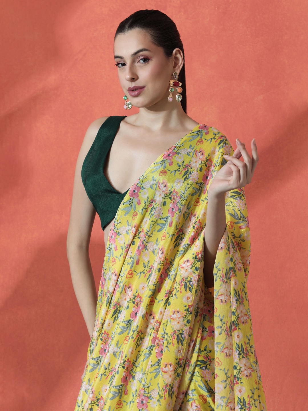 

Sangria Ready to wear Poly Georgette Floral Saree, Yellow