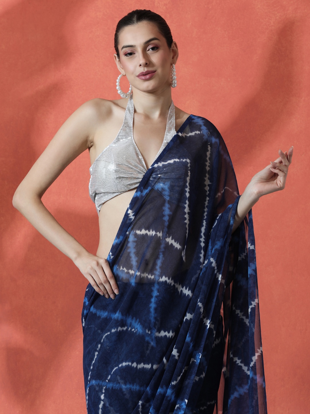 

Sangria Ready to wear Poly Georgette Tie and Dye Saree, Blue