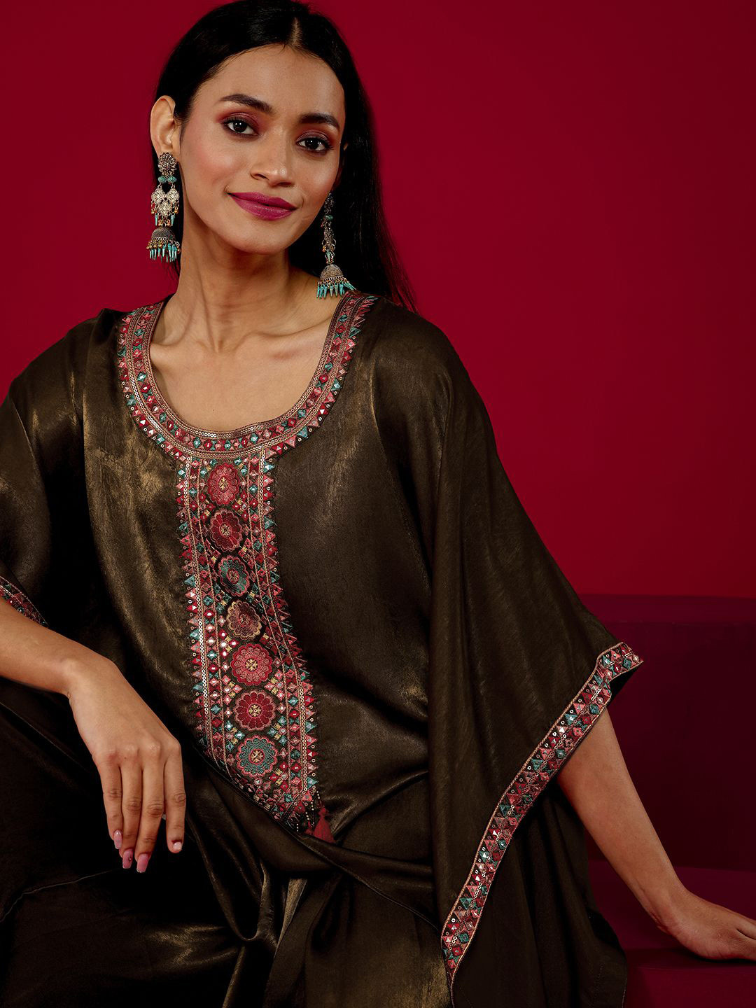 

Libas Art Ethnic Motifs Embroidered Sequinned Top With Dhoti Pants, Brown