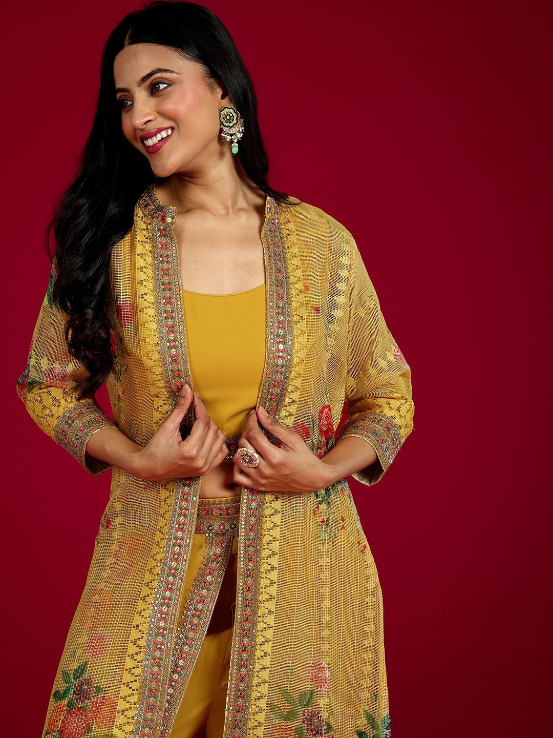 

Libas Art Embroidered Sleeveless Top With Dhoti Pants And jacket, Mustard