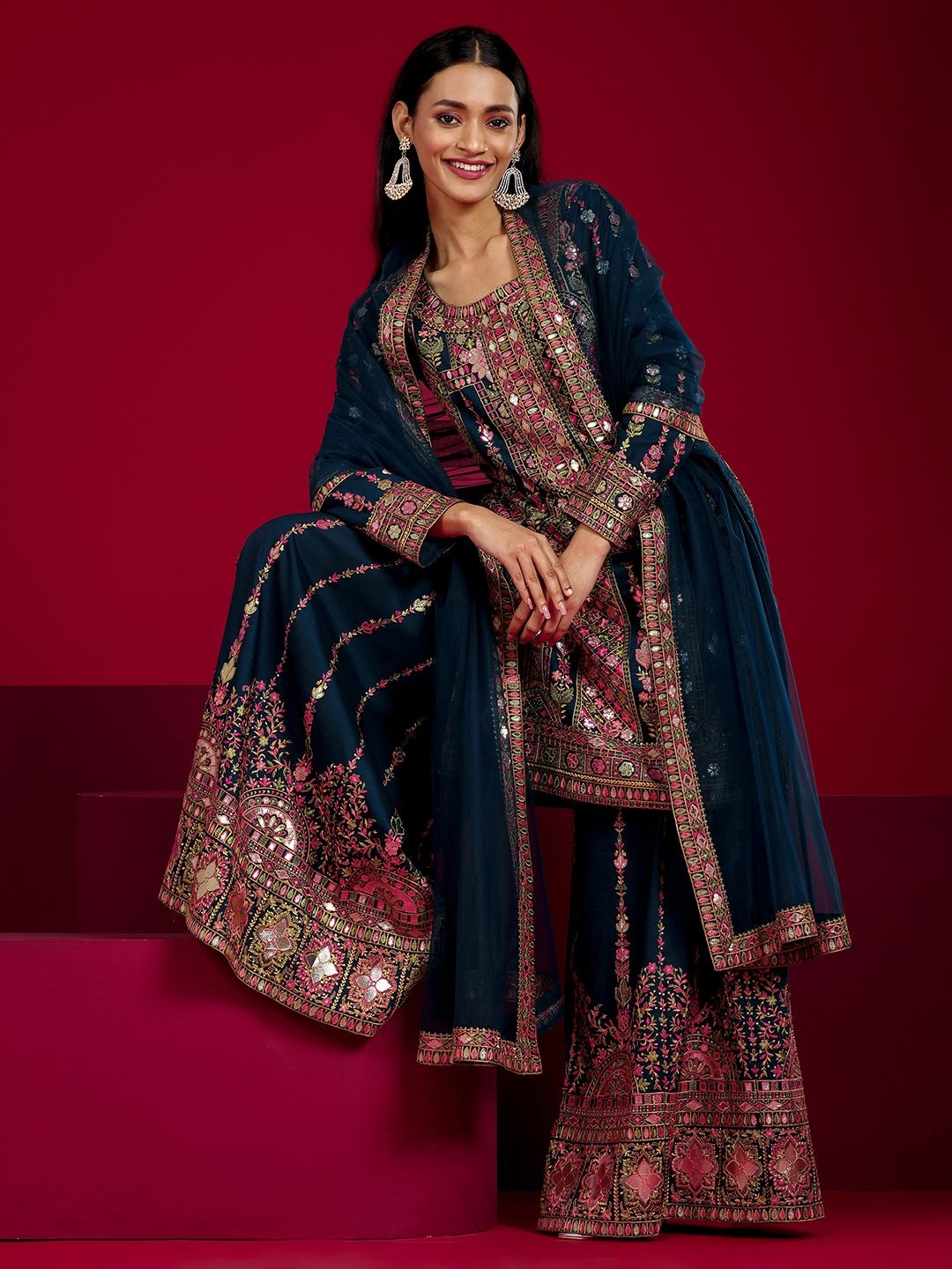 

Libas Art Floral Embroidered Sequinned Kurta With Palazzos And Dupatta, Teal