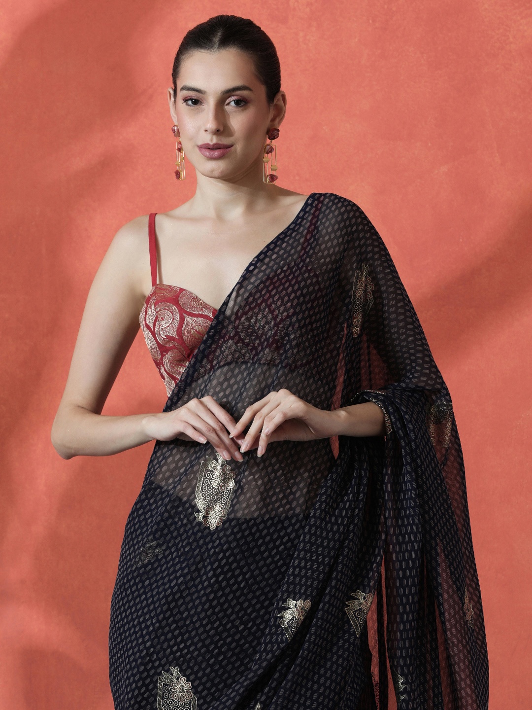 

Sangria Floral Embroidered Ready to wear Saree, Black