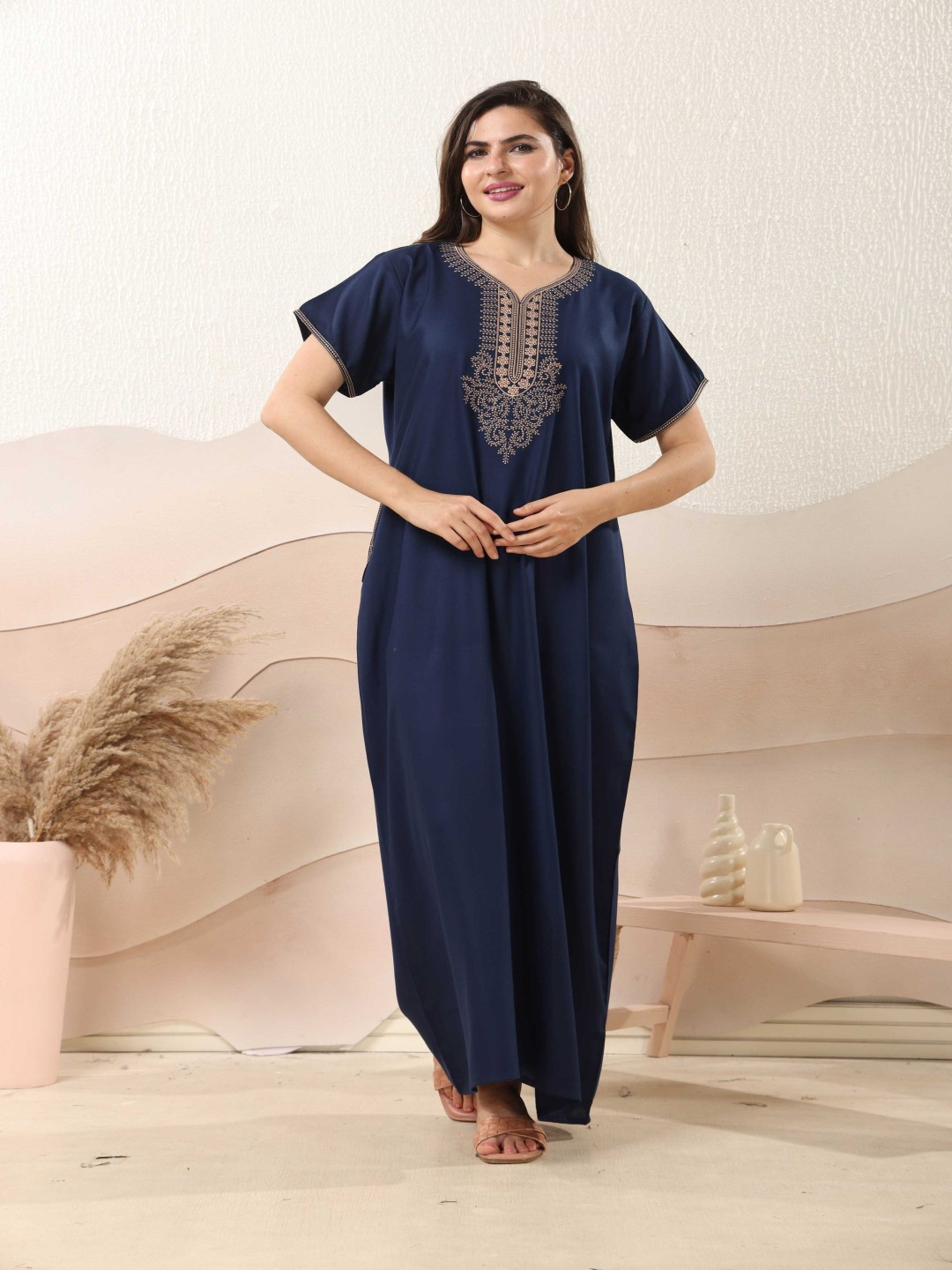 

EASY MOM Embroidered Flutter Sleeve Maxi Dress, Navy blue