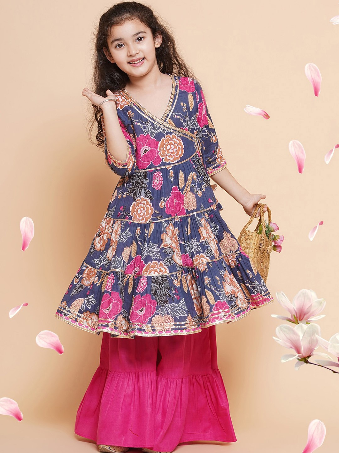 

BAESD Girls Floral Printed Angrakha Gotta Patti Pure Cotton Anarkali Kurta With Sharara, Blue