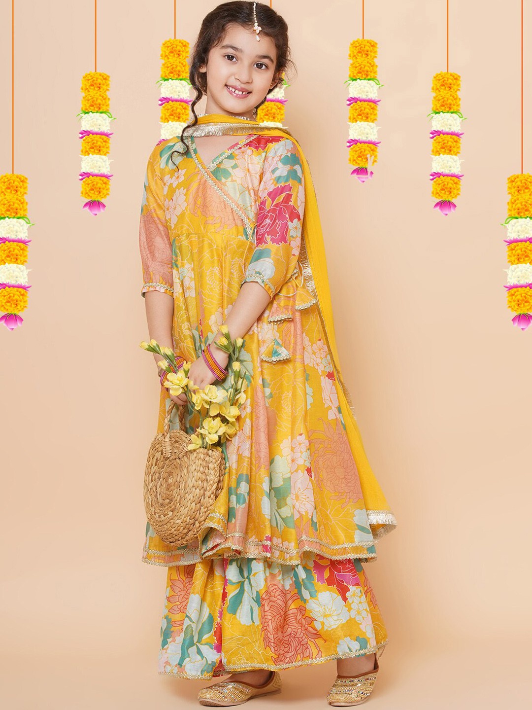 

BAESD Girls Floral Printed V-Neck Gotta Patti Angrakha A-Line Kurta With Sharara & Dupatta, Yellow