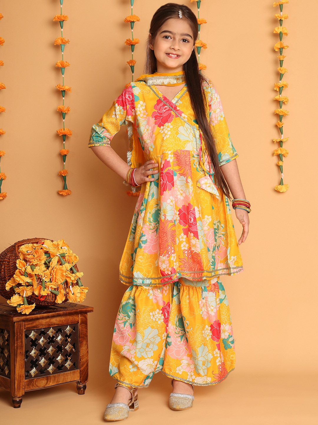 

BAESD Girls Floral Printed V-Neck Gotta Patti Angrakha A-Line Kurta With Sharara & Dupatta, Yellow