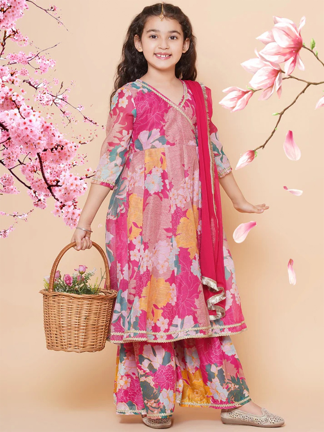 

BAESD Girls Floral Printed Angrakha Gotta Patti Work Anarkali Kurta With Sharara & Dupatta, Pink